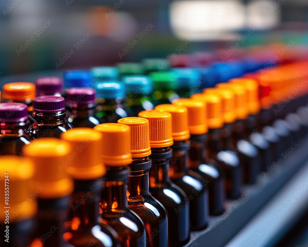 Obraz premium Colorful bottles lined up, featuring a variety of caps, showcasing creativity and beverage options.