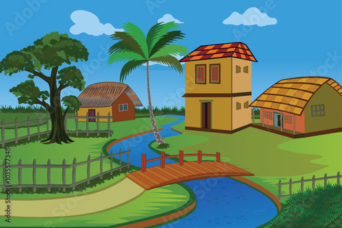 Stunning landscape vector illustration. trees, houses, wooden bridge, lake, water, fence, grass, blue sky, and mud road in a picturesque landscape