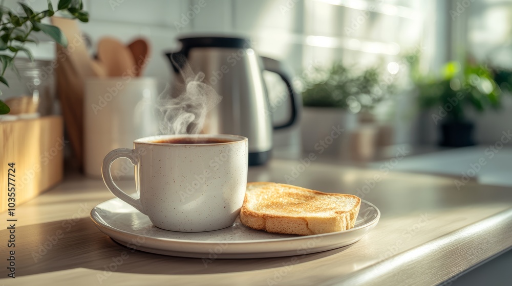 Coffee and Toast on a Kitchen Counter. Coffee and Toast on a Kitchen Counter.