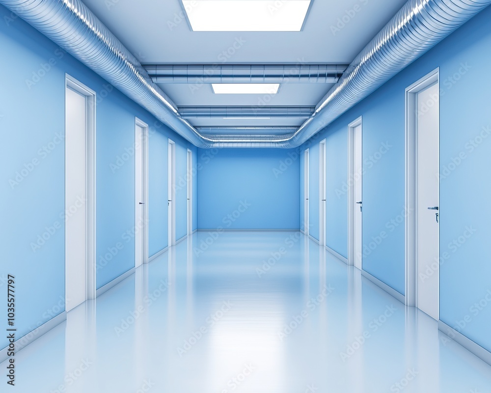 Elevator corridor with blue walls, modern design, and bright skylights. Elevator corridor with blue walls, modern design, and bright skylights.