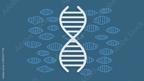 A white DNA strand in a blue background surrounded by blue outlines of fish. The image represents the relationship between genetics and the environment.