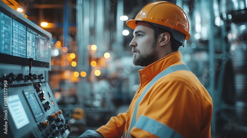 A worker in an industrial setting monitors a control panel.