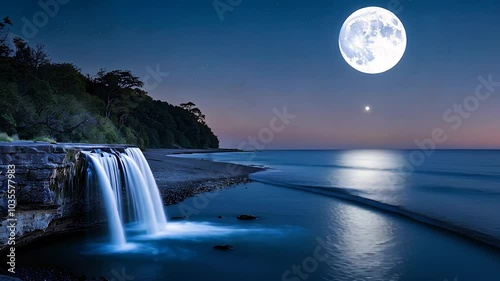 Full Moon Over Ocean with Waterfall at Twilight

 photo