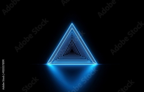 A blue glowing neon triangle with a reflection on a dark background. photo