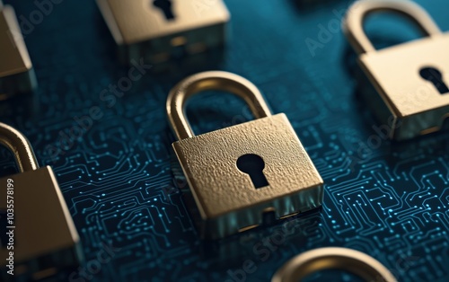 Golden padlocks on a digital circuit background representing security and data protection. photo