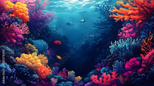 Vibrant Digital Painting of Stunning Underwater Coral Reef Ecosystem