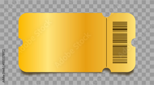 Gold ticket template. Golden ticket for cinema, concert, events or coupon for discount, sale. Mockup with shadow on transparent background. Vector.