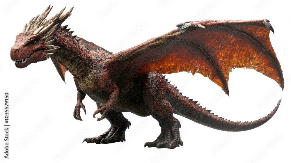 Fototapeta premium A striking illustration of a red dragon with white accents, set against a dramatic background, blending elements of fantasy and mythology