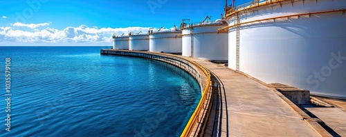 Industrial tanks on the coastline under a clear blue sky with serene ocean water. photo