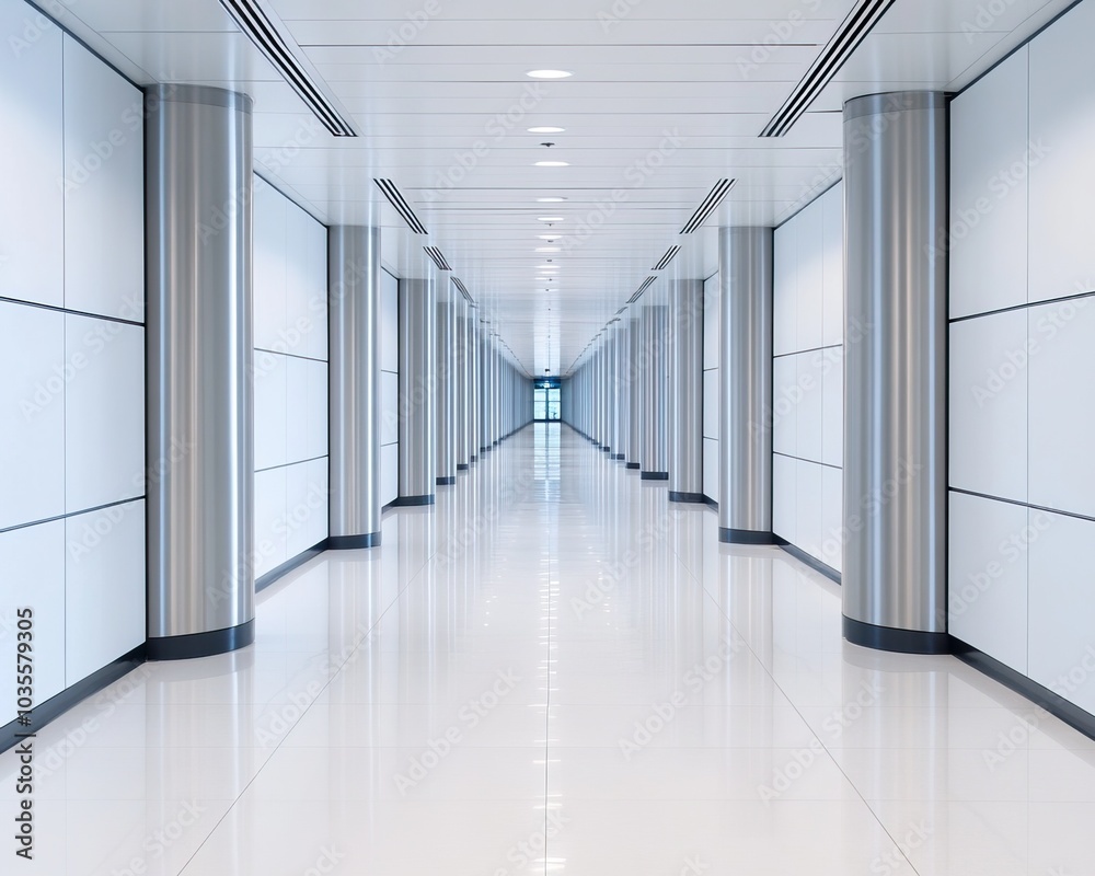 Fototapeta premium Modern hallway with sleek design, bright lighting, and polished floor, perfect for corporate or contemporary themes.