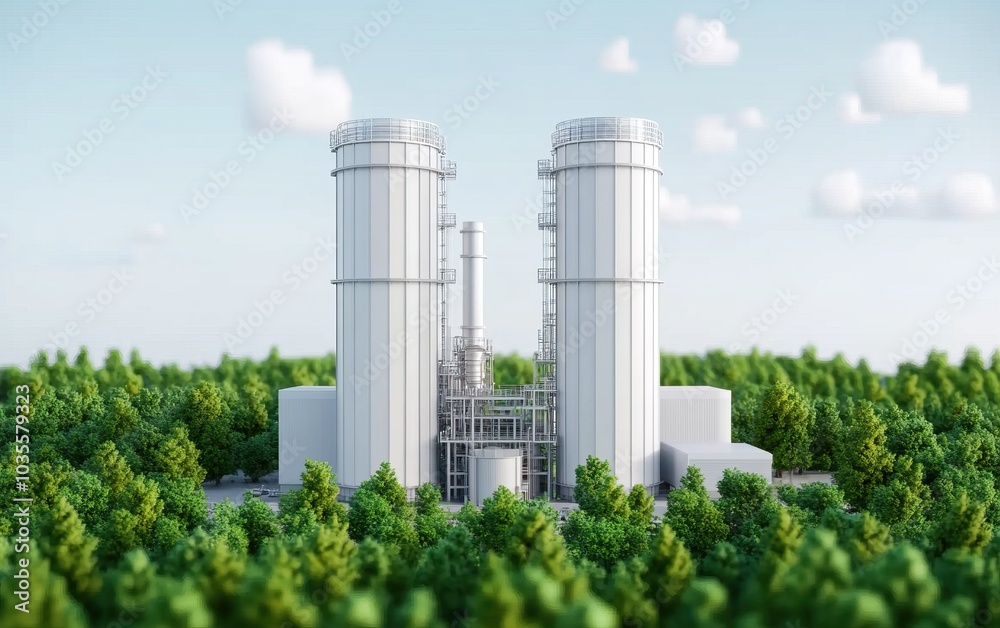 Modern industrial facility amidst lush green trees, showcasing eco-friendly design and technological innovation. Modern industrial facility amidst lush green trees, showcasing eco-friendly design and technological innovation.