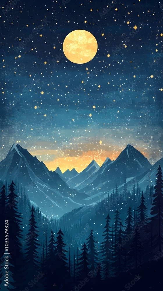 Fototapeta premium Atmospheric Starry Night Sky Over Majestic Mountain Landscape With Silhouetted Pine Forest