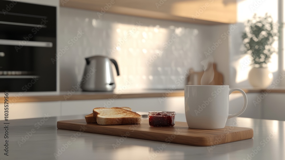Breakfast with Coffee and Toast on Wooden Cutting Board in Kitchen.