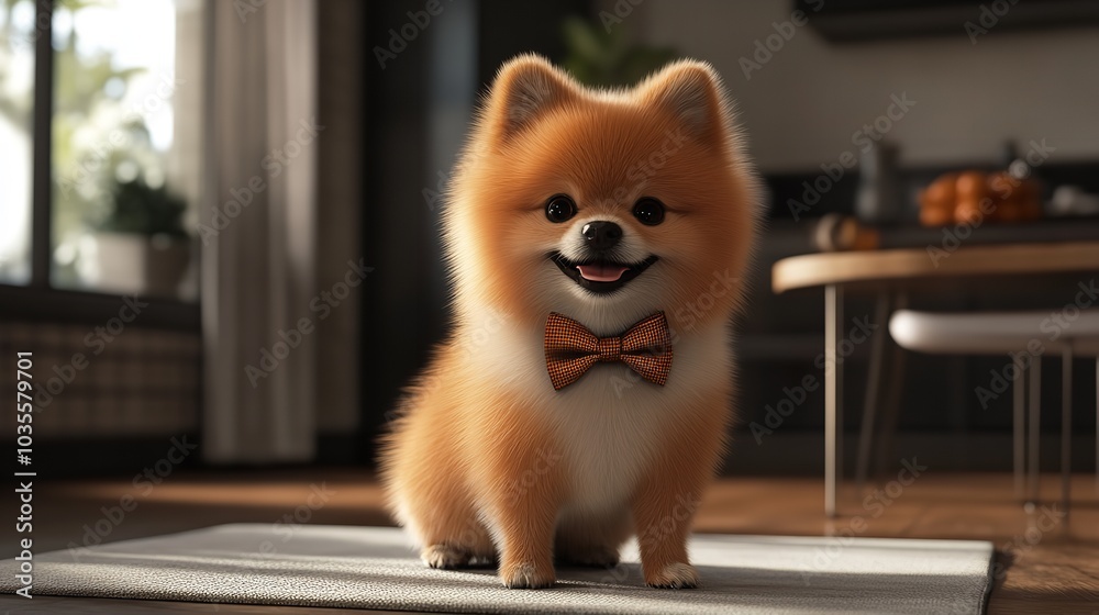 Pomeranian Puppy Wearing a Bow Tie for a Photo Pomeranian Puppy Wearing a Bow Tie for a Photo