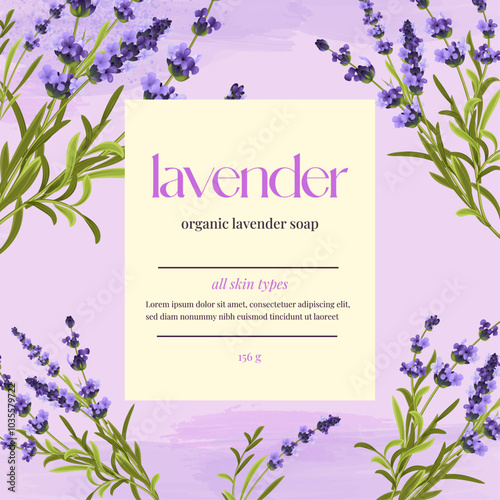 Lavender soap box packaging design. Abstract vector bath soap box with label cover. Modern typography and vector background pattern layout 