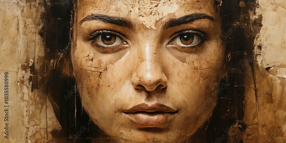 A woman's face is painted on a wall A woman's face is painted on a wall