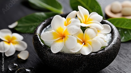 Tranquil Retreat: Frangipani Flowers by a Relaxing Bath, Nature-Inspired Relaxation Scene