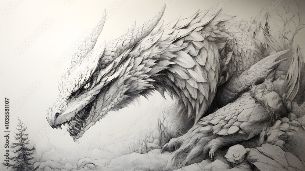 Detailed Pencil Sketch of Majestic Mythical Dragon Creature in Moody ...