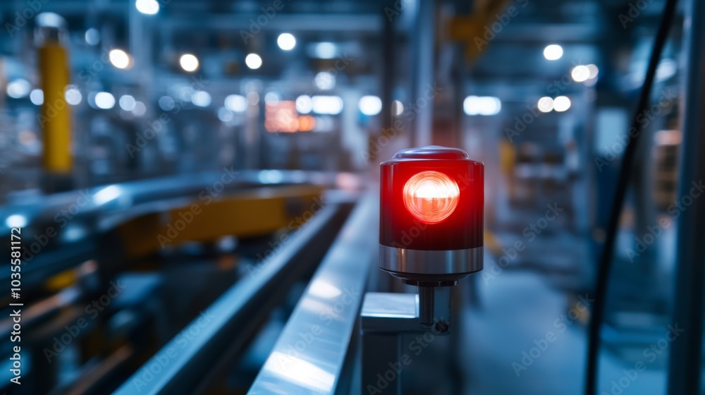 A red warning light illuminates a factory setting, indicating machinery status in a busy industrial environment. A red warning light illuminates a factory setting, indicating machinery status in a busy industrial environment.