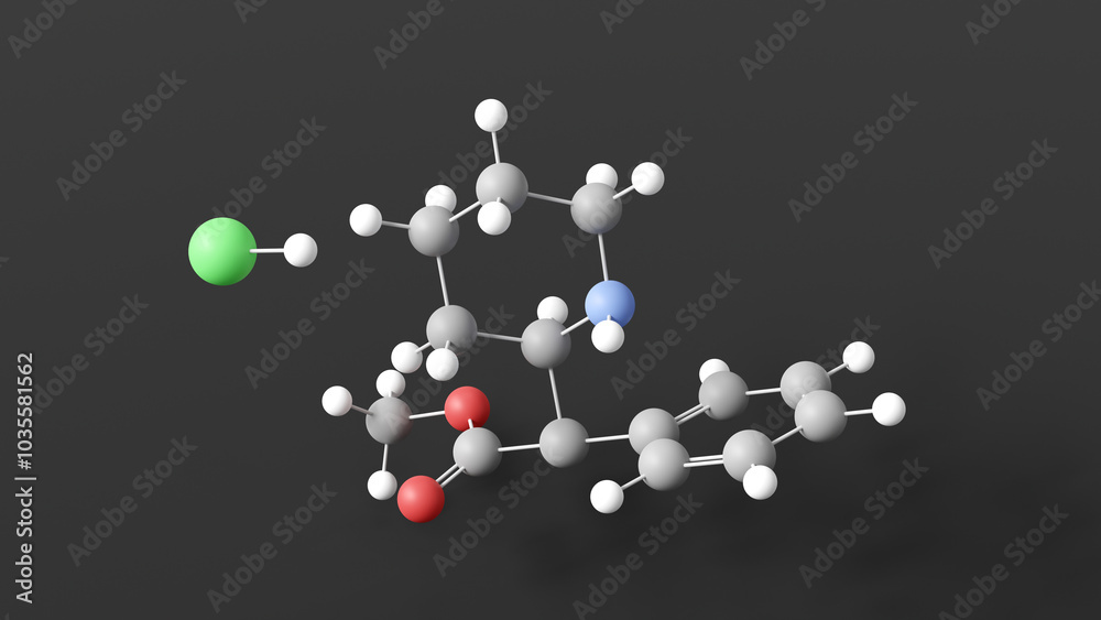 dexmethylphenidate hydrochloride molecule 3d, molecular structure, ball and stick model, structural chemical formula cns stimulant dexmethylphenidate hydrochloride molecule 3d, molecular structure, ball and stick model, structural chemical formula cns stimulant