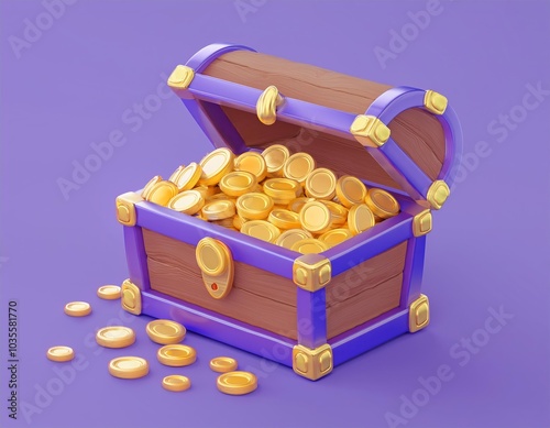 A treasure chest overflowing with gold coins, 3D illustration