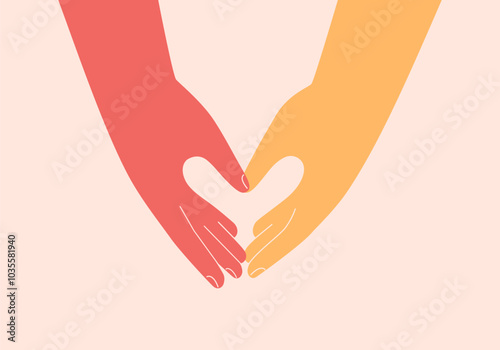 Male and female hands connect and make heart shape by fingers. Adult Different skin arms showing heart gesture. Interracial love and friendship. Vector illustration