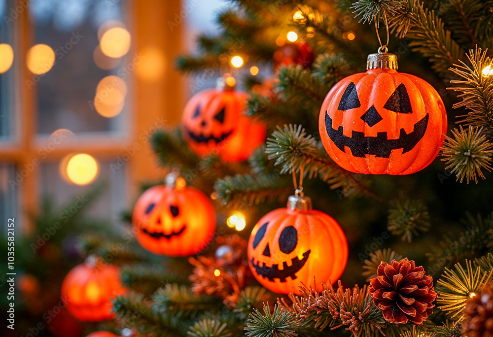 Halloween Meets Christmas: Unique Pumpkin Bauble on Festive Tree Halloween Meets Christmas: Unique Pumpkin Bauble on Festive Tree