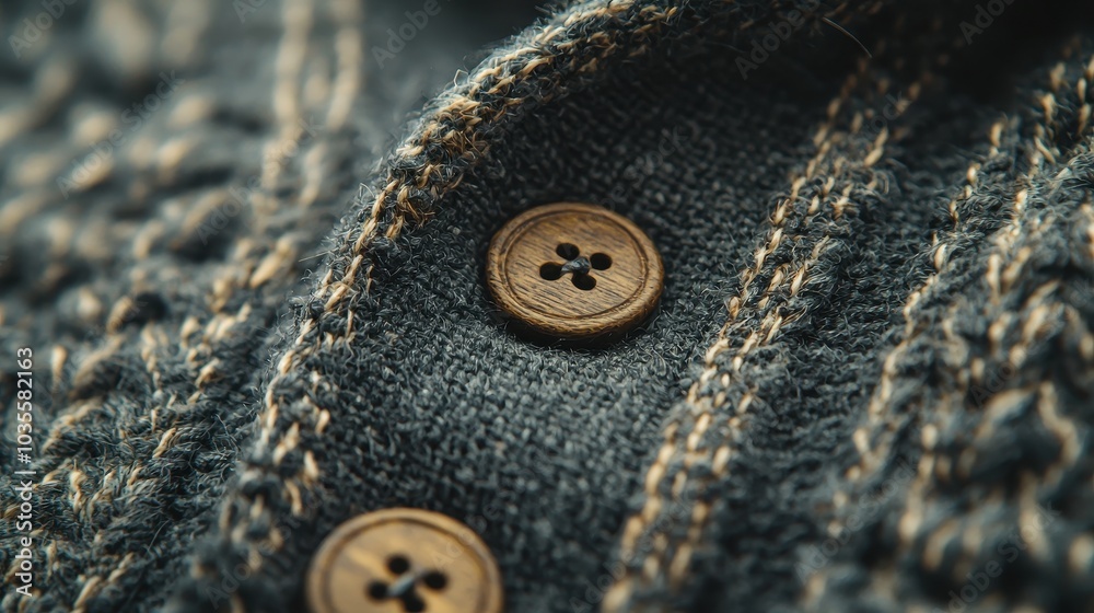 Close-up of wooden buttons on a knitted sweater fabric, soft textures. Close-up of wooden buttons on a knitted sweater fabric, soft textures.