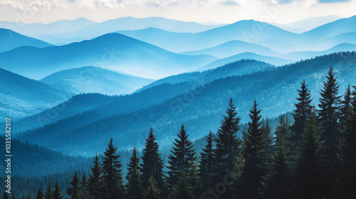 A breathtaking view of a mountain range dotted with pine trees, capturing the essence of wilderness.