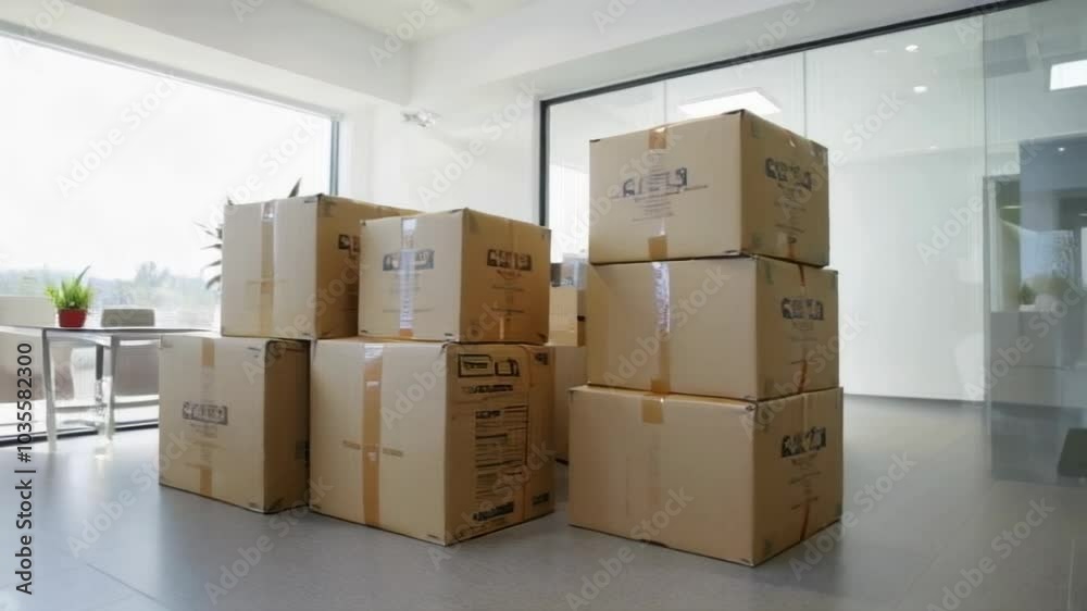 A bright, modern interior filled with unpacked boxes and a table, suggesting a recent move and new beginnings. A bright, modern interior filled with unpacked boxes and a table, suggesting a recent move and new beginnings.
