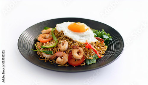 Indonesian Mie Goreng: A vibrant stir-fry of noodles, succulent shrimp, colorful veggies, and a perfectly fried egg. A culinary delight!