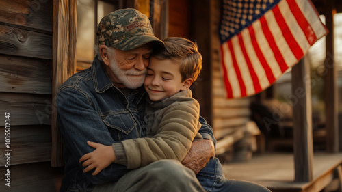 young child hugging veteran grandparent, sharing warm moment together