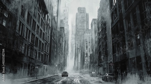 Misty Noir Cityscape, a cold, atmospheric street scene featuring towering buildings, evoking a gritty, gangster vibe with charcoal illustration style.