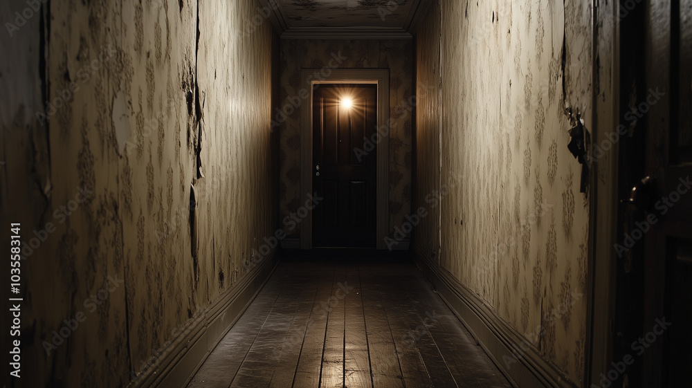 long dark hallway in old mansion with peeling wallpaper and glowing door