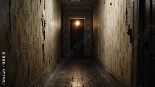 long dark hallway in old mansion with peeling wallpaper and glowing door