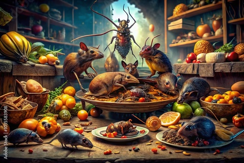 Surreal Kitchen Nightmare: Bugs and Rats Feasting in a Chaotic Culinary Scene photo