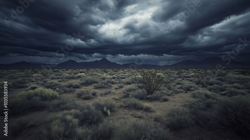 Stormy Desert Landscape with Dramatic Clouds photo