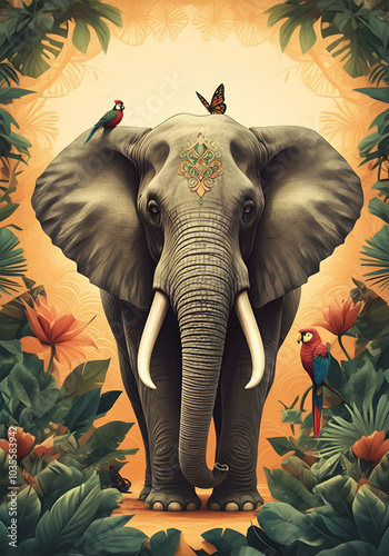 An elephant surrounded by lush jungle foliage, adorned with exotic birds and butterflies.  Colorful illustration poster art with a light orange background, a full body portrait with detailed design.