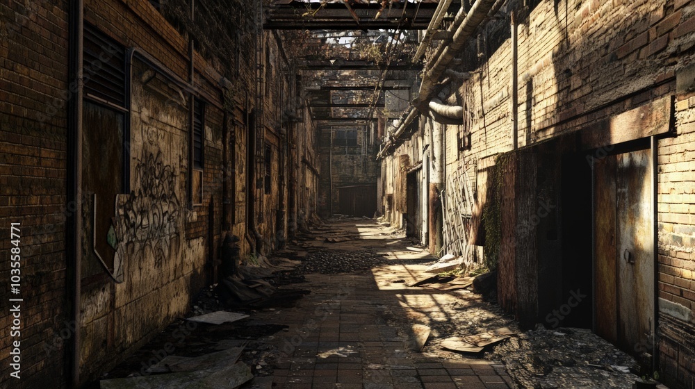 Weathered brick walls, rusting metal structures, overgrown weeds, abandoned machinery, shadows of a forgotten era, hints of urban decay, a narrow passageway steeped in history Weathered brick walls, rusting metal structures, overgrown weeds, abandoned machinery, shadows of a forgotten era, hints of urban decay, a narrow passageway steeped in history
