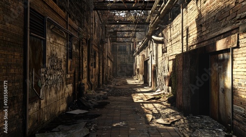 Weathered brick walls, rusting metal structures, overgrown weeds, abandoned machinery, shadows of a forgotten era, hints of urban decay, a narrow passageway steeped in history