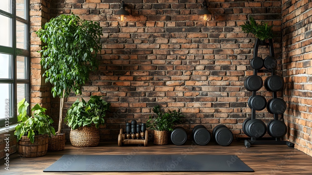 Set of weights and fitness gear placed on the floor beside a stylish brick wall, with ample room above for text, ideal for fitness posters Set of weights and fitness gear placed on the floor beside a stylish brick wall, with ample room above for text, ideal for fitness posters