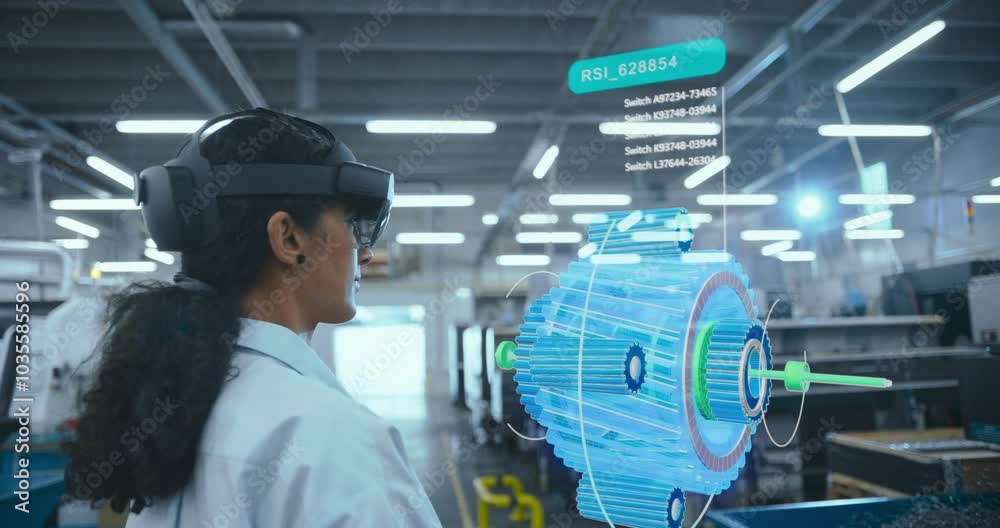 Female Engineer in VR Headset Designs a 3d Engine Model in a High-tech Factory, Interacting With Virtual Components and Digital Interfaces. Holographic Displays Futuristic Enginnering Concept