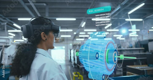 Female Engineer in VR Headset Designs a 3d Engine Model in a High-tech Factory, Interacting With Virtual Components and Digital Interfaces. Holographic Displays Futuristic Enginnering Concept photo