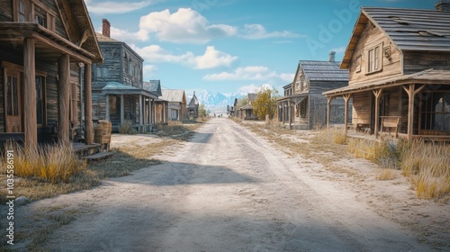 Charming Old West Town, a dusty dirt road flanked by rustic wooden houses, evoking a sense of frontier history and the spirit of the American West.