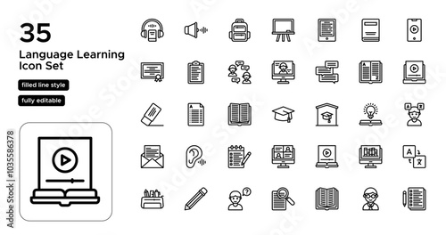Language Learning Line Icon Set: Speaking, Writing, and Vocabulary Development Icons