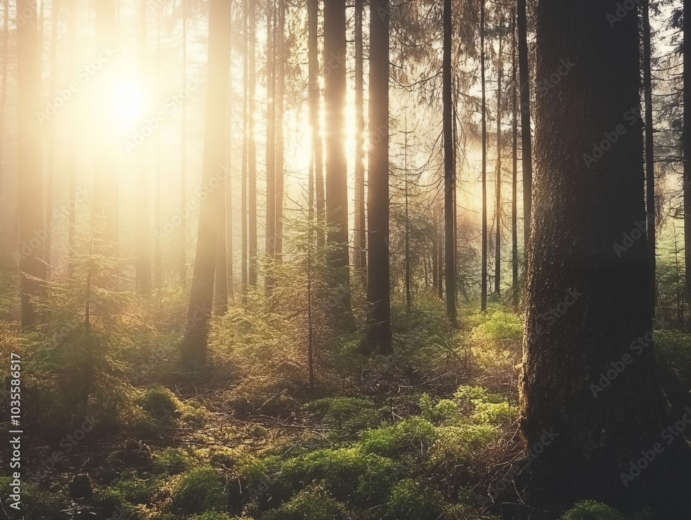 Obraz premium Lanscape Beautifull forest at dawn, with the sunlight filtering through the tall trees and creating a beautiful and serene atmosphere.