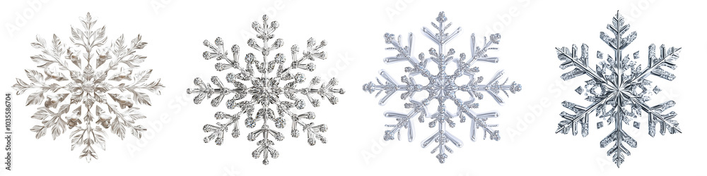 Description:** Four unique snowflakes displayed against a black background, showcasing intricate designs and sparkling textures. Description:** Four unique snowflakes displayed against a black background, showcasing intricate designs and sparkling textures.