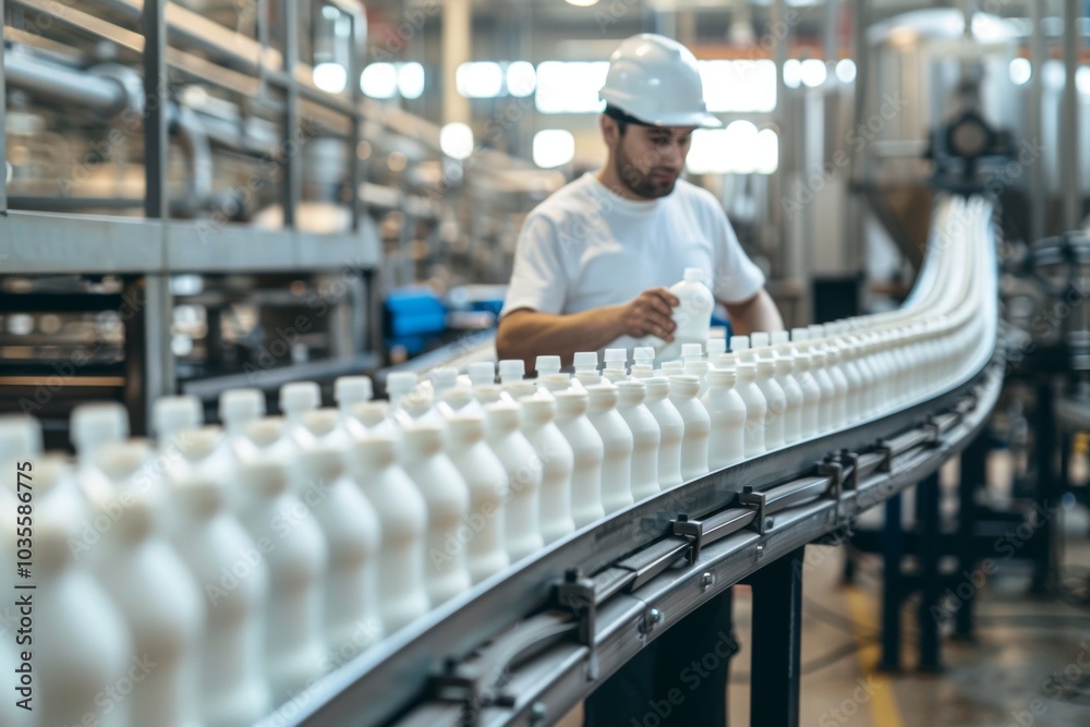 Man worker operator inspecting milk bottles production line dairy factory industry, automatic conveyor for transporting Man worker operator inspecting milk bottles production line dairy factory industry, automatic conveyor for transporting