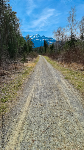 Scenic winding hiking trail through idyllic forest leading to snow-capped mountain peaks of Karawanks in Rosental, Carinthia, Austria. Overall atmosphere is peace, tranquility and natural beauty