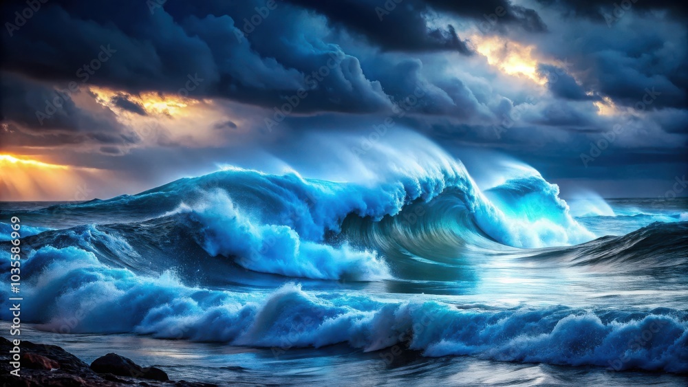 Fototapeta premium A breathtaking panorama of colossal ocean waves crashing against the shore with dramatic clouds and a golden glow in the sky.
